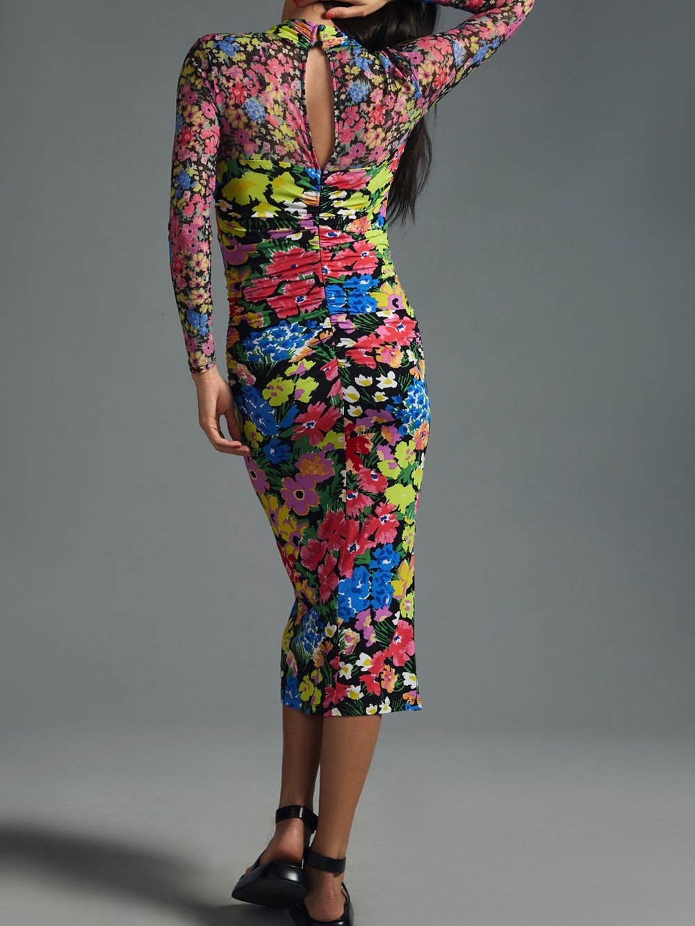 Anthropologie Floral Long-Sleeve Midi Dress in Multicolor Large - Picture 3 of 5